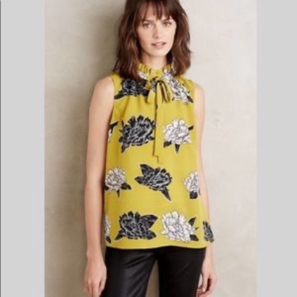 Corey Lynn Calter Yellow Floral Ruffle Neck Sleeveless Top Sz 6